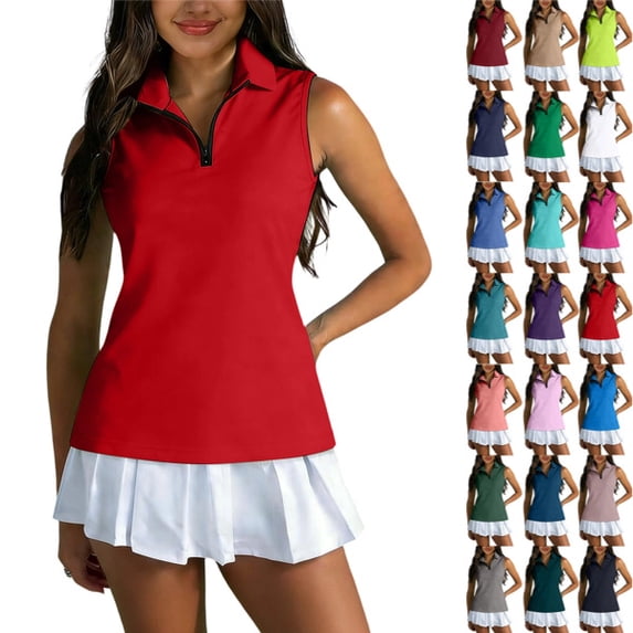 Womens Golf Polo Shirts Casual Solid Color Sleeveless Zipper Tank Tops Lightweight Quick Dry Athletic Tennis Shirt,Red,M