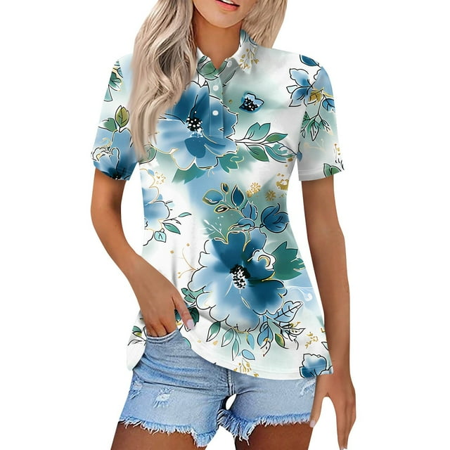 Womens Golf Polo Shirts Collared Short Sleeve T Shirt Lightweight Moisture Wicking Polo Casual 3 Buttons Graphic Tees Tops