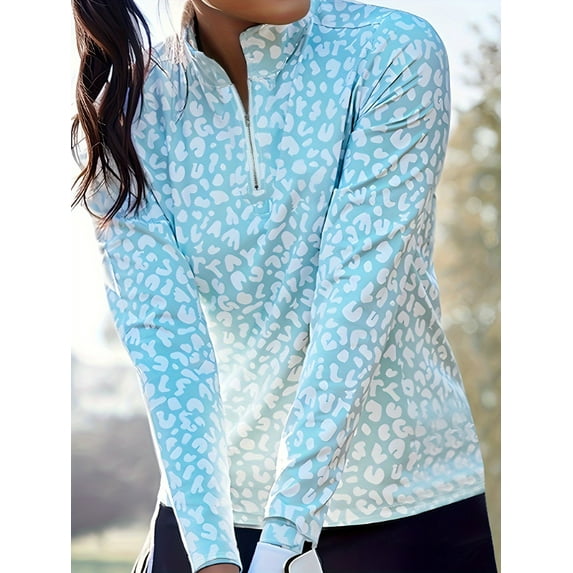 Womens Golf Shirt Long Sleeve Athletic Quarter Zip Pullover Sun Protection with Pocket Light blue M