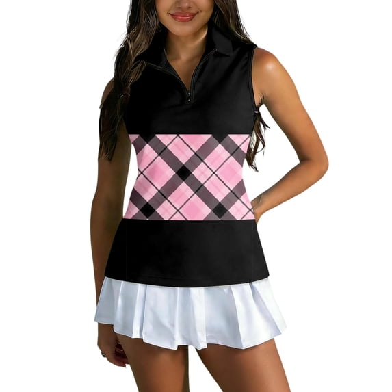 Womens Golf Shirt Printed Sleeveless Golf Tank Collared Zip Up Tennis Shirts Quick Dry Polyester Athletic Tops for Court Black L