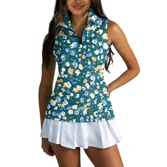 Womens Golf Shirt Printed Sleeveless Golf Tank Collared Zip Up Tennis Shirts Quick Dry Polyester Athletic Tops for Court Blue S