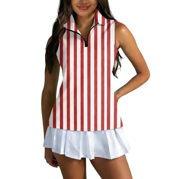 Womens Golf Shirt Sleeveless Tennis Shirt Collared Zip Up Printed Resort Golf Top, Quick Dry Polyester Athletic Tank Tops Red L