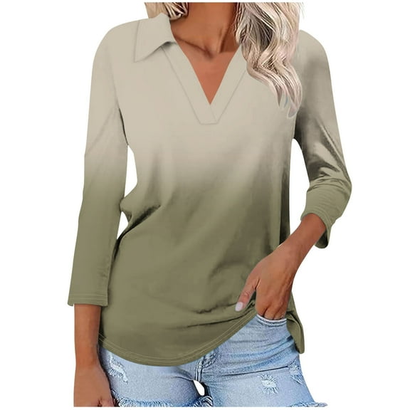 Womens Golf Shirts 3/4 Length Sleeve Collared Tops Business Casual Summer Loose Blouse Lapel Tshirts Cute Tees Army Green XL
