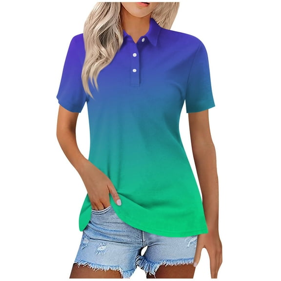 Womens Golf Shirts Casual Short Sleeve Button Lapel Moisture Wicking T-Shirts Loose Gradient Printed Dressy Collared Basic Business Workout Tops