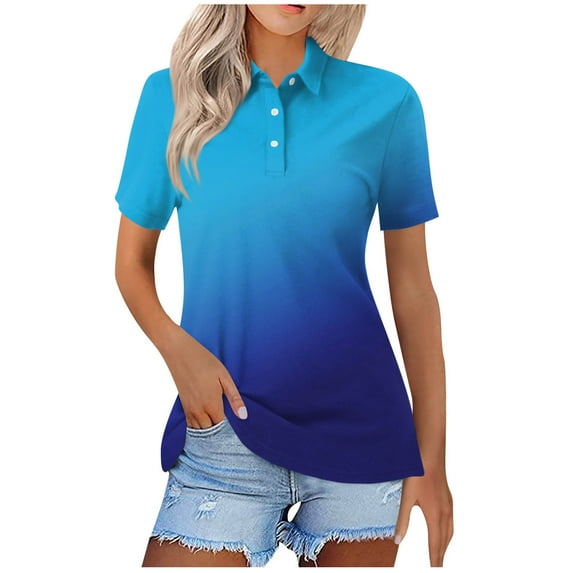 Womens Golf Shirts Casual Short Sleeve Button Lapel Moisture Wicking T-Shirts Loose Gradient Printed Dressy Collared Basic Business Workout Tops