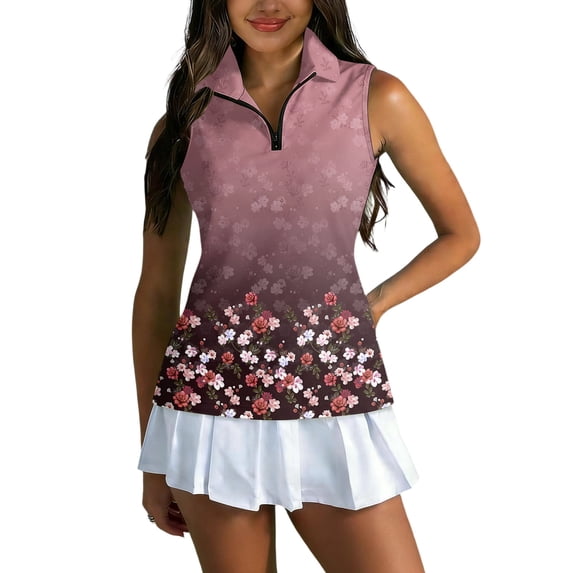 Womens Golf Shirts Printed Sleeveless Golf Vest Collared Zip Up, Athletic Quick Dry Tank Top for Summer Sports Purple Pink L