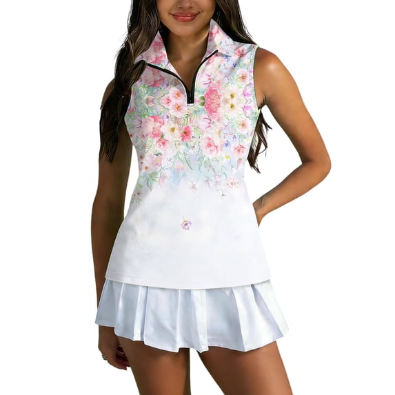 Womens Golf Shirts Printed Sleeveless Golf Vest Collared Zip Up, Athletic Quick Dry Tank Top for Summer Sports White L