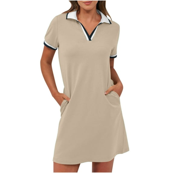 Womens Golf Tennis Dress Summer Short Sleeve V Neck Mini Shirt Dress Casual Color Block Athletic Dress with Pockets