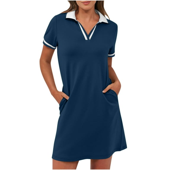 Womens Golf Tennis Dress Summer Short Sleeve V Neck Mini Shirt Dress Casual Color Block Athletic Dress with Pockets