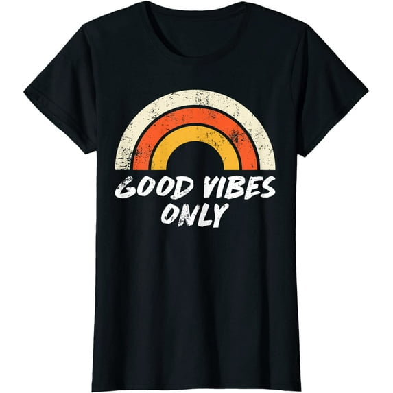 Womens Good Vibes Only T-Shirt Vintage Rainbow Graphic Casual Short Sleeve Tops Black Large