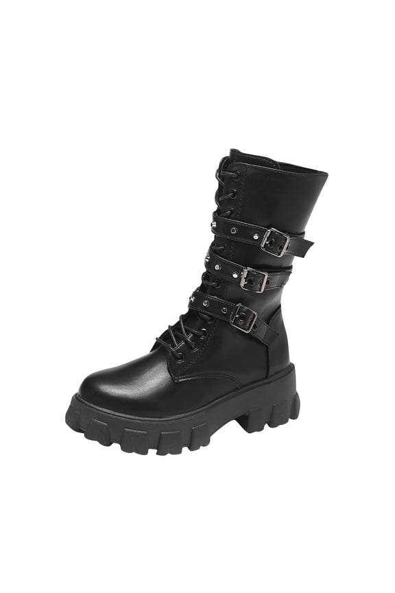 Womens Goth Buckle Booties Chunky High Heel Mid Calf Boots Side Zip Boots Lace Up Punk Rivet Boots Motorcycle Boots Leather Chunky Boots