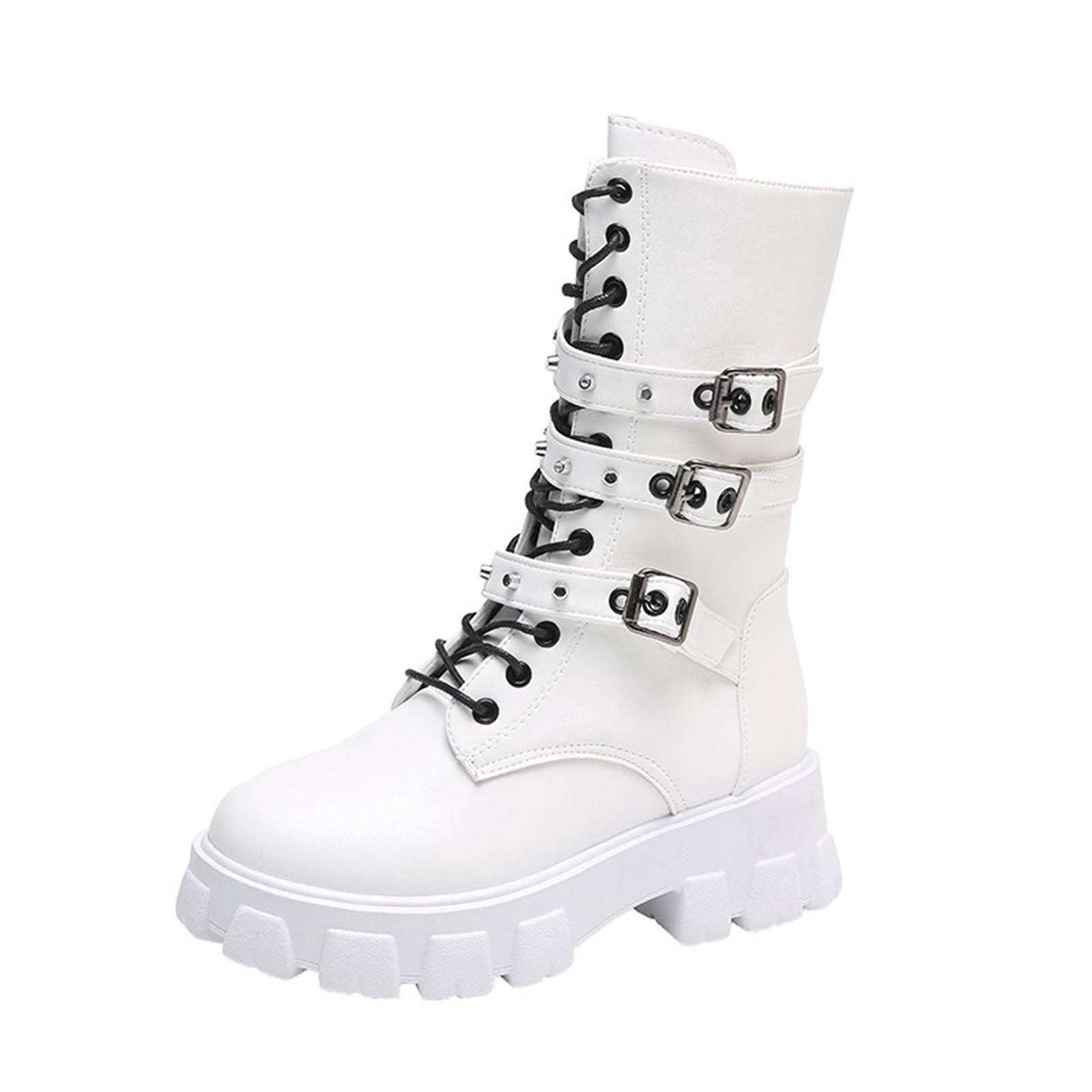 Womens Goth Buckle Booties Chunky High Heel Mid Calf Boots Side