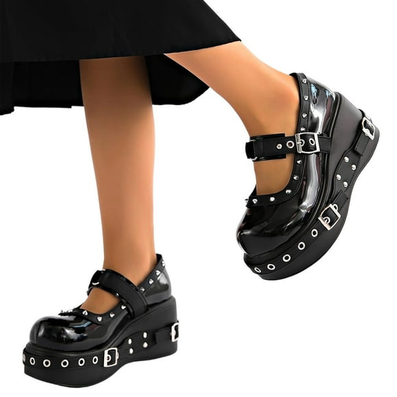 Womens Goth Mary Jane Shoes Platform Kawaii Girls Lolita Shoes Round Toe Buckle Cross-Tied Strap Chunky Wedge Heel Bow Y2k Ankle Strap Dress Pumps Oxfords Shoes (Black,40)
