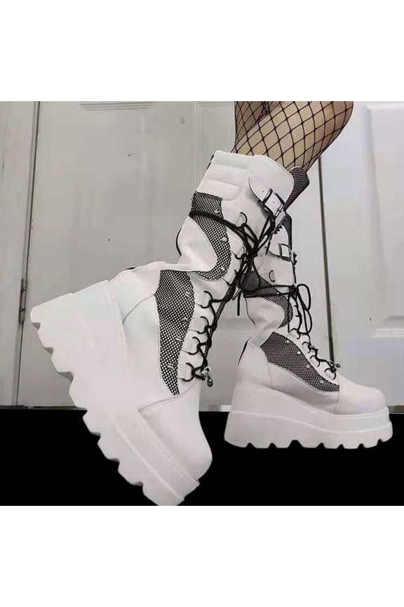 Womens Goth Platform Boots Chunky Heel Boots Lace Up Zipper Round Toe Mid Calf Boot