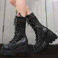 thumbnail image 1 of Womens Goth Platform Boots Chunky Heel Boots Lace Up Zipper Round Toe Mid Calf Boot, 1 of 8