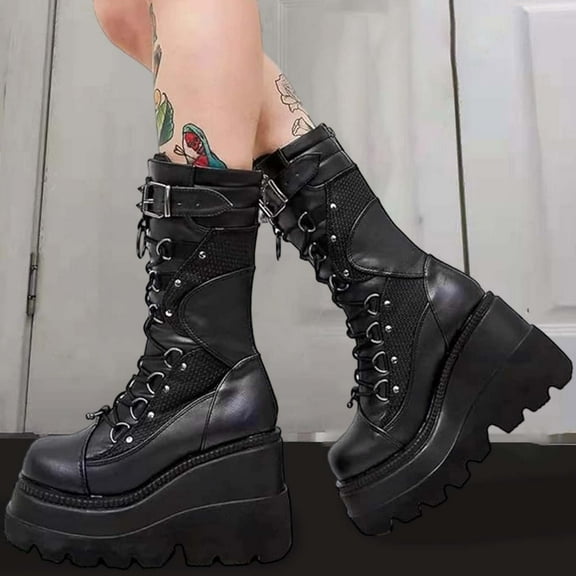 Womens Goth Platform Boots Chunky Heel Boots Lace Up Zipper Round Toe Mid Calf Boot