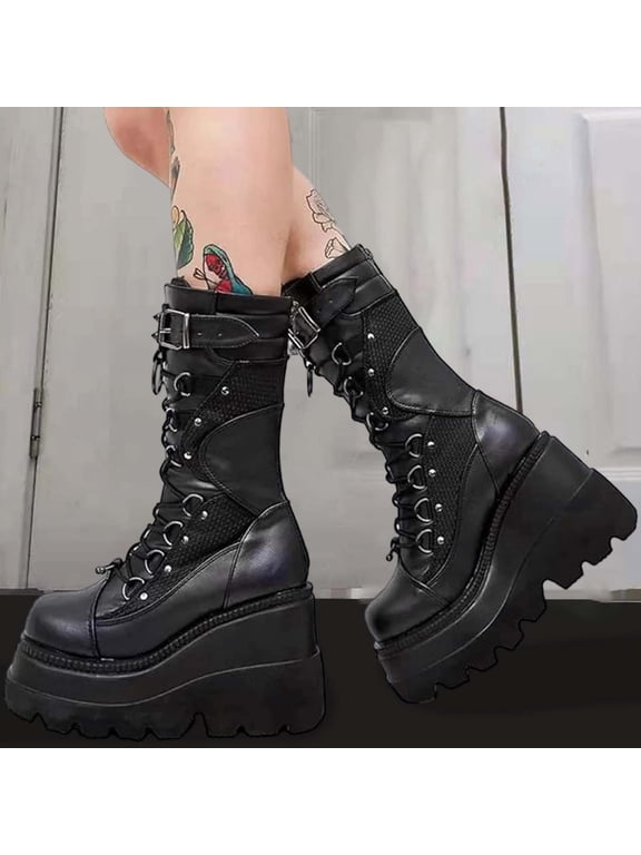 Womens Goth Platform Boots Chunky Heel Boots Lace Up Zipper Round Toe Mid Calf Boot