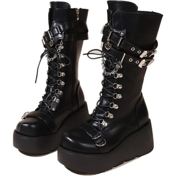 Womens Goth Punk Platform Boots PU Leather Chunky Wedge Heel Combat Boots Lace-Up and Zipper Buckle Round Toe Mid Calf Motorcycle Boot