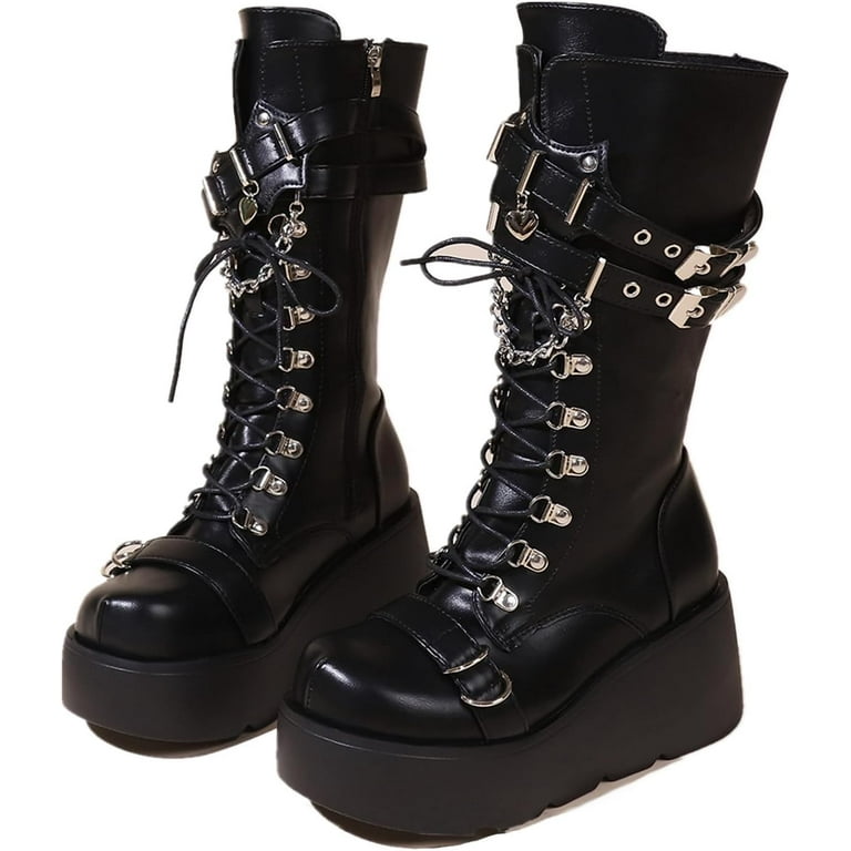 Womens Goth Punk Platform Boots PU Leather Chunky Wedge Heel