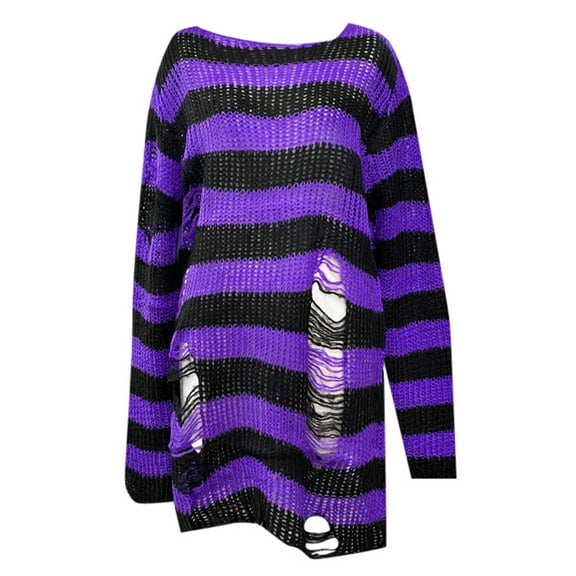 Womens Goth Punk Sweater Ripped Striped Harajuku Long Sleeve Pullover Sweater Gothic Y2K Fashion Tops