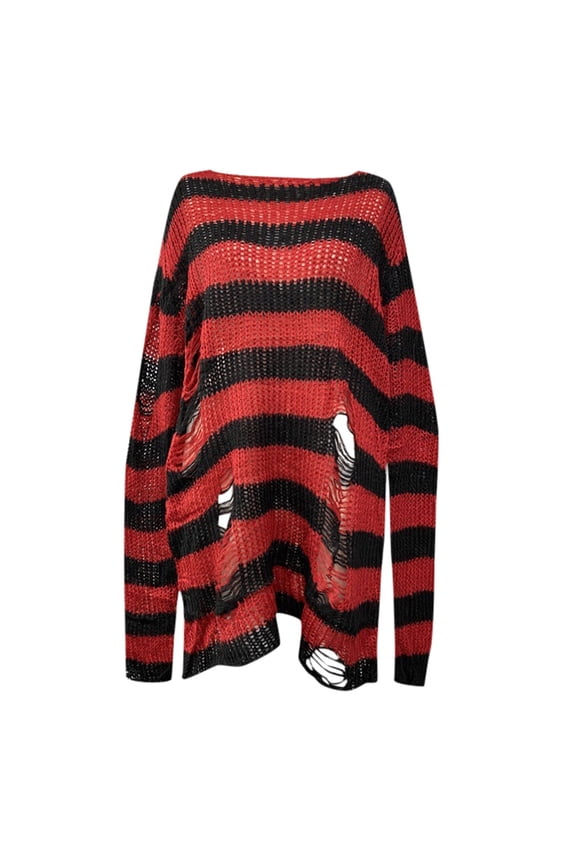 Womens Goth Punk Sweater Ripped Striped Harajuku Long Sleeve Pullover Sweater Gothic Y2K Fashion Tops