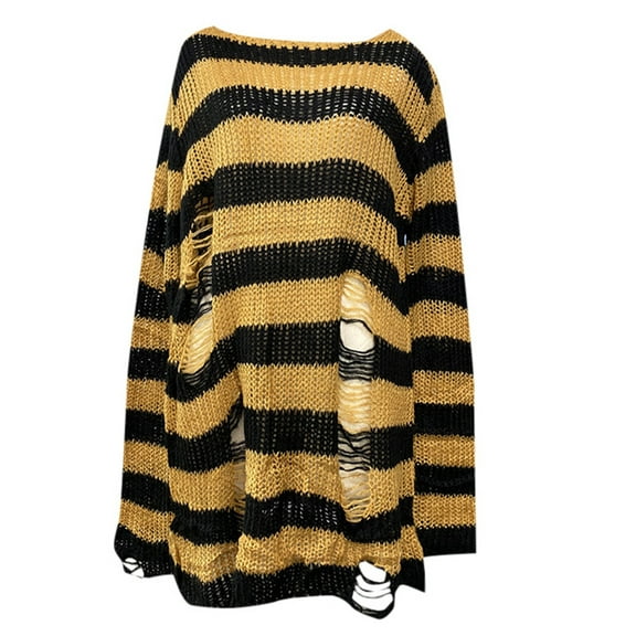 Womens Goth Punk Sweater Ripped Striped Harajuku Long Sleeve Pullover Sweater Gothic Y2K Fashion Tops