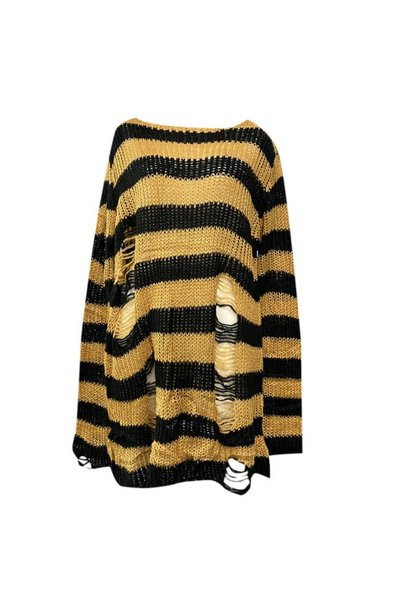 Womens Goth Punk Sweater Ripped Striped Harajuku Long Sleeve Pullover Sweater Gothic Y2K Fashion Tops