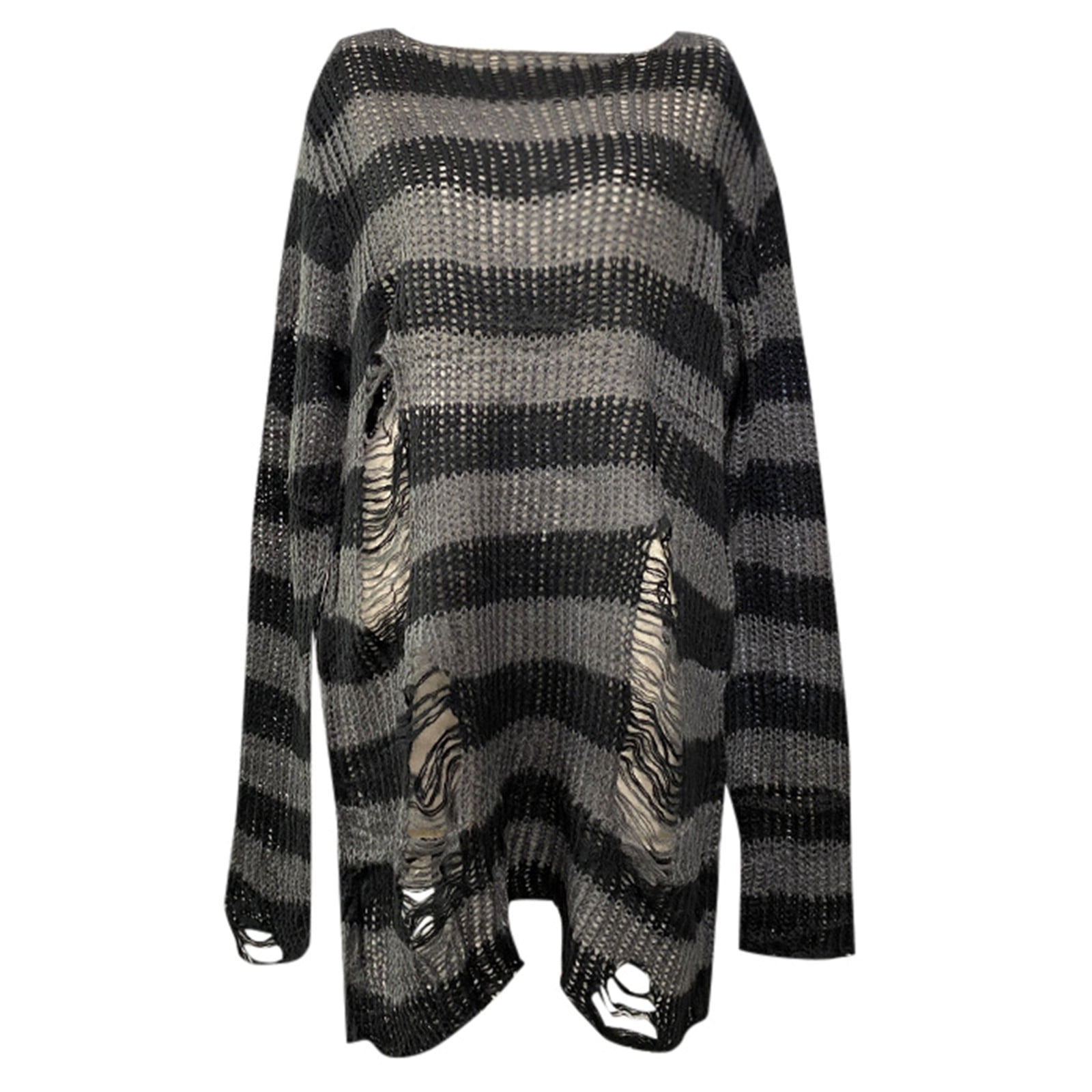 Womens Goth Punk Sweater Ripped Striped Harajuku Long Sleeve Pullover ...