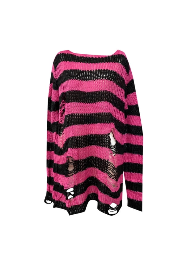 Womens Goth Punk Sweater Ripped Striped Harajuku Long Sleeve Pullover Sweater Gothic Y2K Fashion Tops