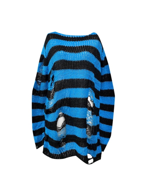 Womens Goth Punk Sweater Ripped Striped Harajuku Long Sleeve Pullover Sweater Gothic Y2K Fashion Tops