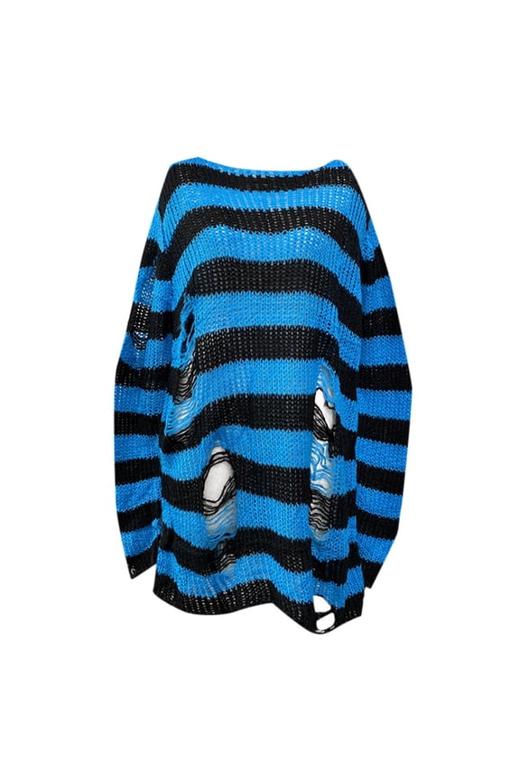 Womens Goth Punk Sweater Ripped Striped Harajuku Long Sleeve Pullover Sweater Gothic Y2K Fashion Tops