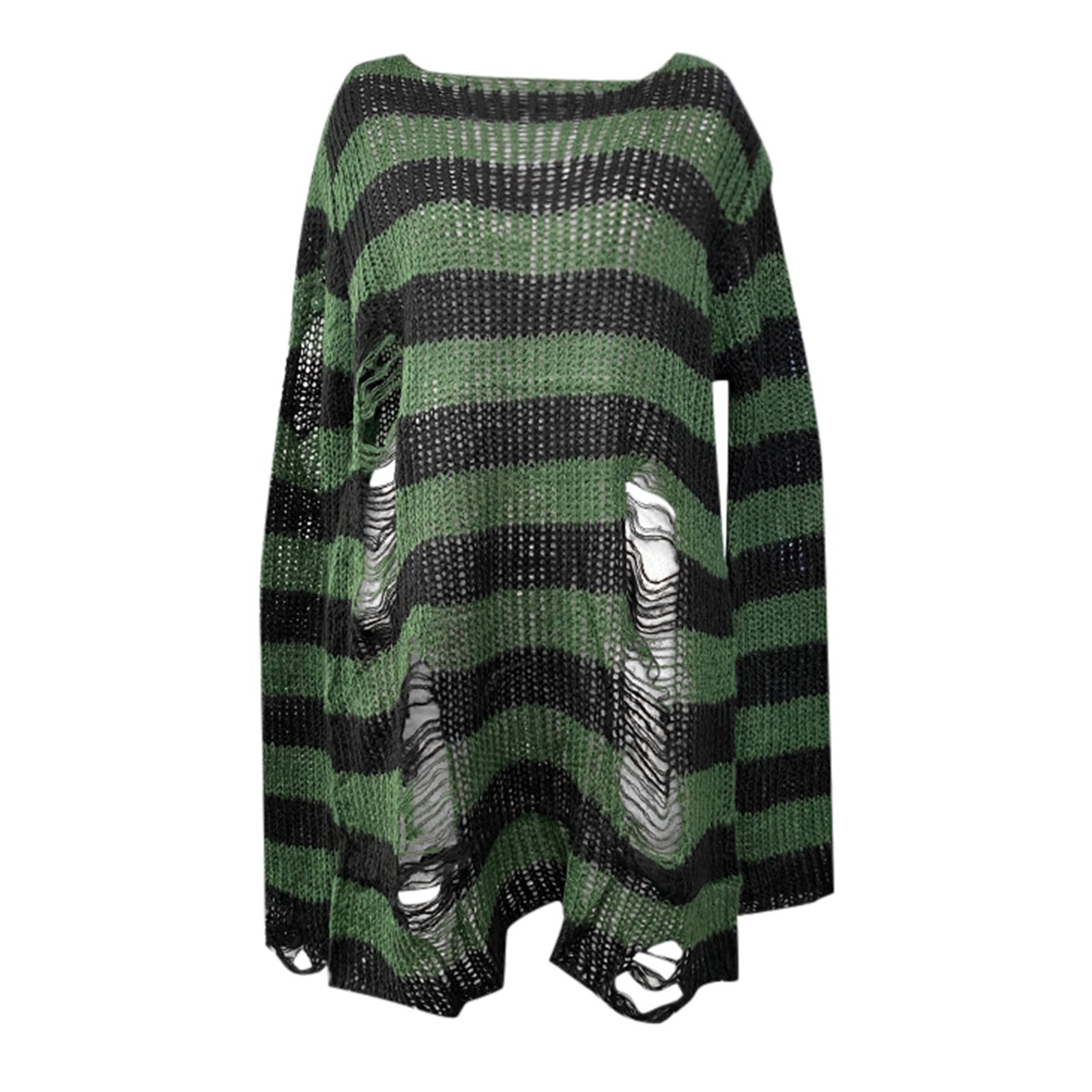 Womens Goth Punk Sweater Ripped Striped Harajuku Long Sleeve Pullover ...