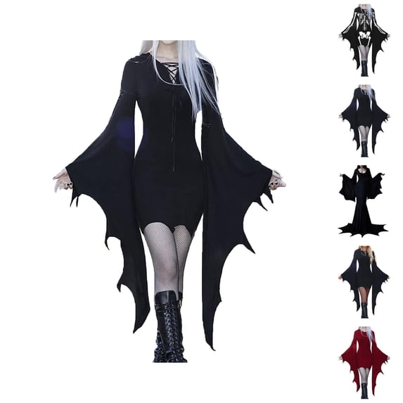 Womens Gothic Batwing Sleeve Mini Dress Bodycon Witch Vampire Dress Long Flared Sleeve Halloween Cosplay Dresses Black Gothic Party Outfit
