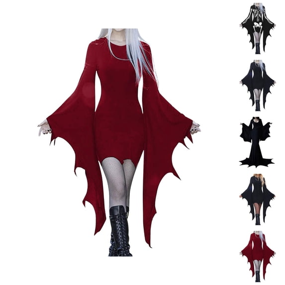 Womens Gothic Batwing Sleeve Mini Dress Bodycon Witch Vampire Dress Long Flared Sleeve Halloween Cosplay Dresses Black Gothic Party Outfit