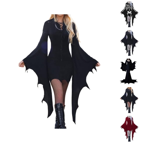Womens Gothic Batwing Sleeve Mini Dress Bodycon Witch Vampire Dress Long Flared Sleeve Halloween Cosplay Dresses Black Gothic Party Outfit