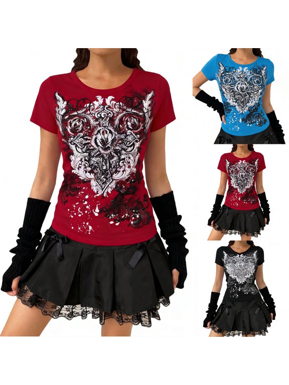 Womens Gothic Blouses Slim Fit Short Sleeve Printed Fashion Retro Casual Tee Shirt Tunics Trendy Clothing