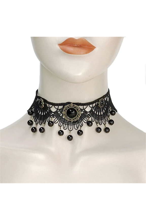 Womens Gothic Collar Black Chocker Necklace Chain Embroidered Lace Hand Beading Tassels Beads for Masquerade Prom