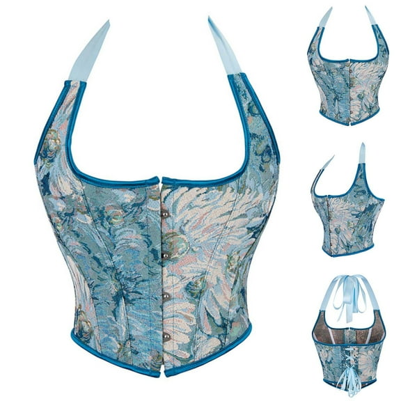 Womens Gothic Corset, Ladies Vintage Victorian Bustiers Suspenders Waist Trainer Lace Up Boned Overbust Bustier Top Basques Shapewear Slim Medieval Corsets Party Evening Blue M