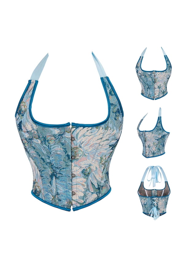 Womens Gothic Corset, Ladies Vintage Victorian Bustiers Suspenders Waist Trainer Lace Up Boned Overbust Bustier Top Basques Shapewear Slim Medieval Corsets Party Evening Blue L