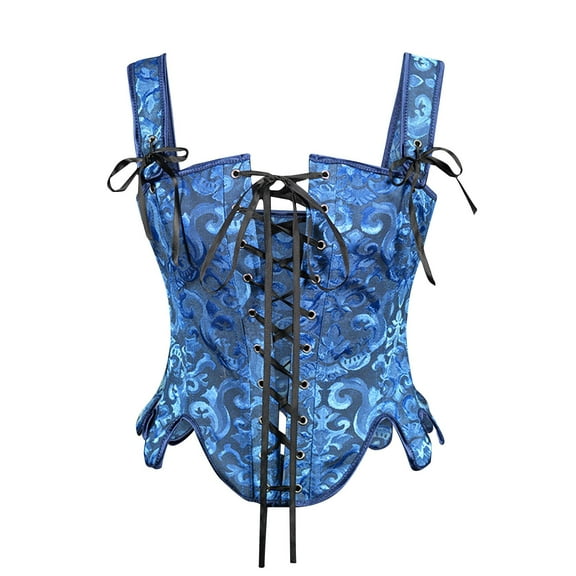 Womens Gothic Corset Tops Renaissance Lace Up Tie Front Bustier Corsets Floral Jacquard Medieval Bodyshaper Blue, XS