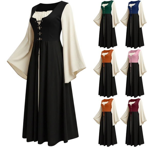 Womens Gothic Dress Witch Costume Medieval Renaissance Lace Up Corset Bell Sleeve High Waist Flare Maxi Gown for Halloween Cosplay Party, Black, XL