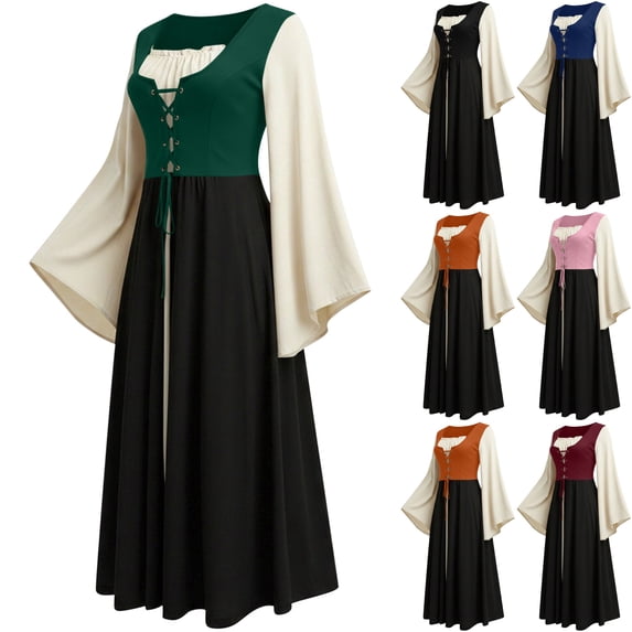Womens Gothic Dress Witch Costume Medieval Renaissance Lace Up Corset Bell Sleeve High Waist Flare Maxi Gown for Halloween Cosplay Party, Green, M