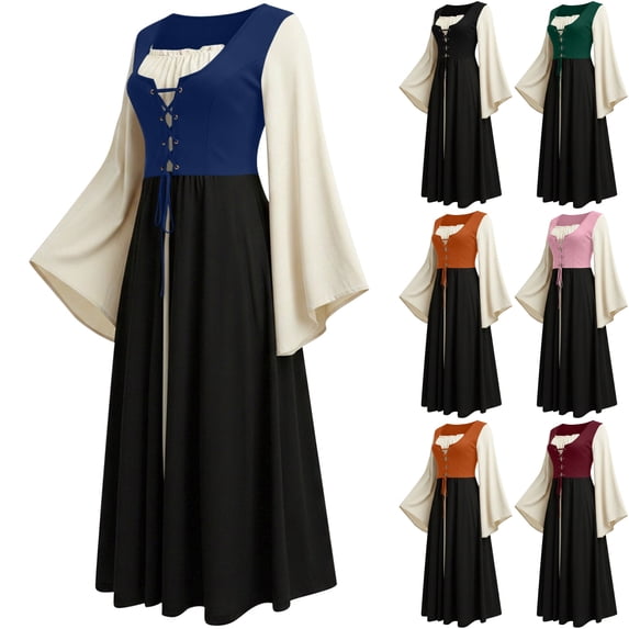 Womens Gothic Dress Witch Costume Medieval Renaissance Lace Up Corset Bell Sleeve High Waist Flare Maxi Gown for Halloween Cosplay Party, Navy, XXL