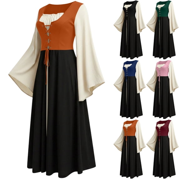 Womens Gothic Dress Witch Costume Medieval Renaissance Lace Up Corset Bell Sleeve High Waist Flare Maxi Gown for Halloween Cosplay Party, Orange, XXL