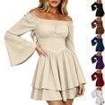 thumbnail image 1 of Womens Gothic Dress Witch Costume Pirate Wench Flare Sleeve Square Neck Asymmetrical Tiered Skater Dress for Halloween Party Cosplay, Beige, L, 1 of 9