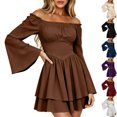 thumbnail image 1 of Womens Gothic Dress Witch Costume Pirate Wench Flare Sleeve Square Neck Asymmetrical Tiered Skater Dress for Halloween Party Cosplay, Coffee, M, 1 of 10