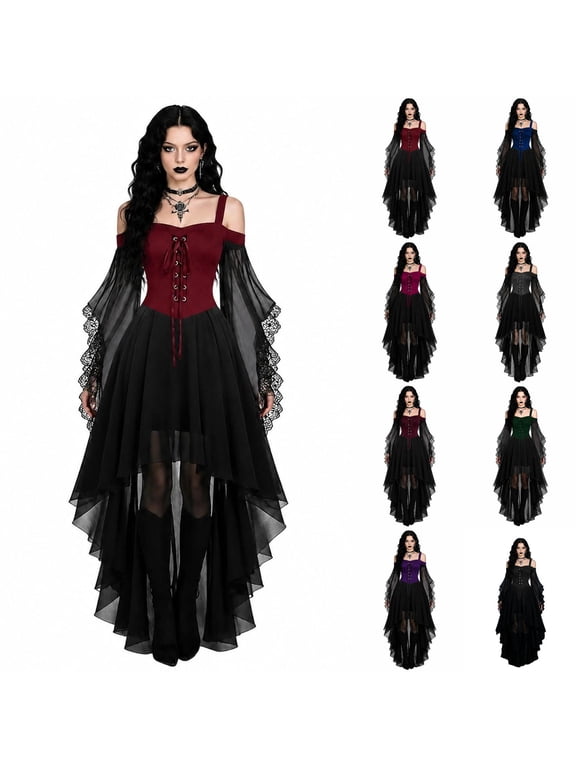 Womens Gothic Dresses Halloween Witch Costume, Butterfly Sleeve Long Dress Vintage Renaissance Medieval Vampire Butterfly Sleeve Mesh Outfits