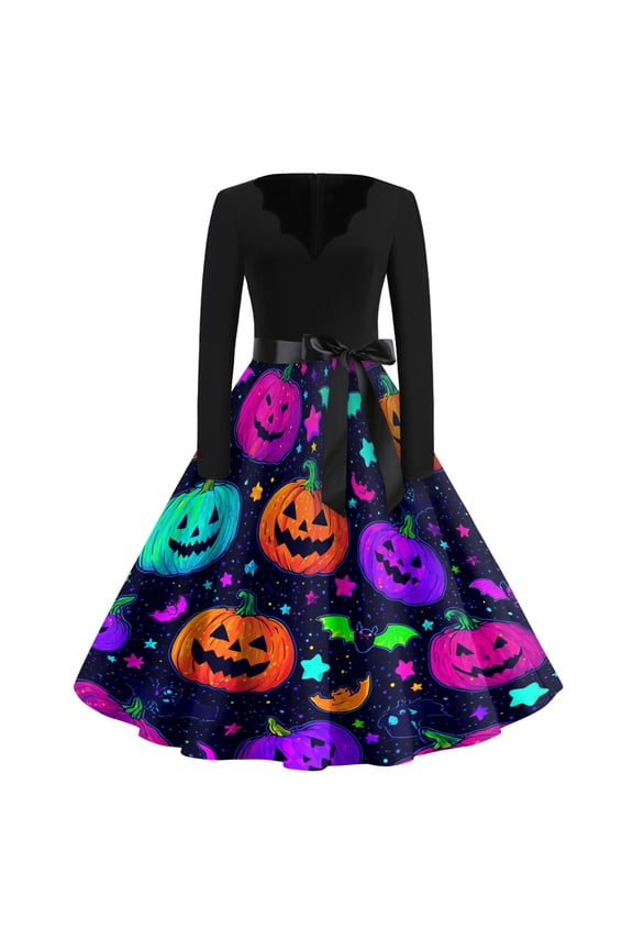 Womens Gothic Dresses Long Sleeve Fall Vintage Prints Halloween Costumes | V-Neck Midi Dress, Renaissance Costume Womens, Fit and Flare, Medieval Dress, Witch Costume(Multicolor, M)