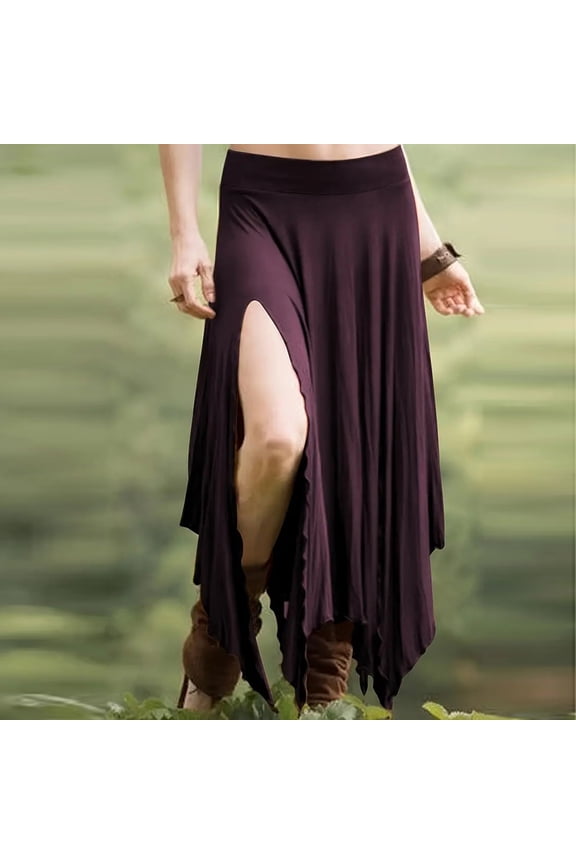 Womens Gothic High Waist Asymmetrical Maxi Skirt with Slit Flowy Ruffle High Low Dance Skirts Purple M
