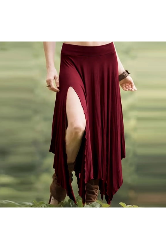 Womens Gothic High Waist Asymmetrical Maxi Skirt with Slit Flowy Ruffle High Low Dance Skirts Wine S